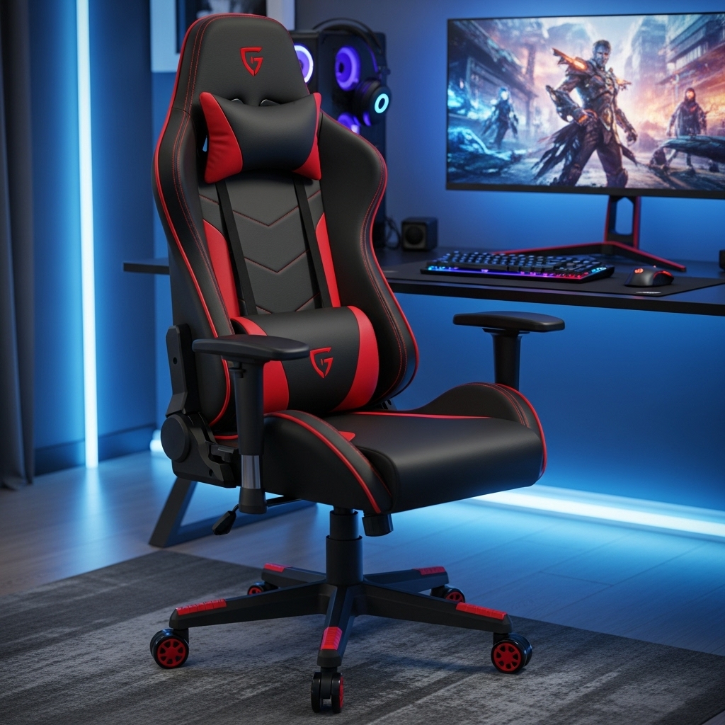 Ghế gaming da PU màu đen với đường chỉ đỏ nổi bật
